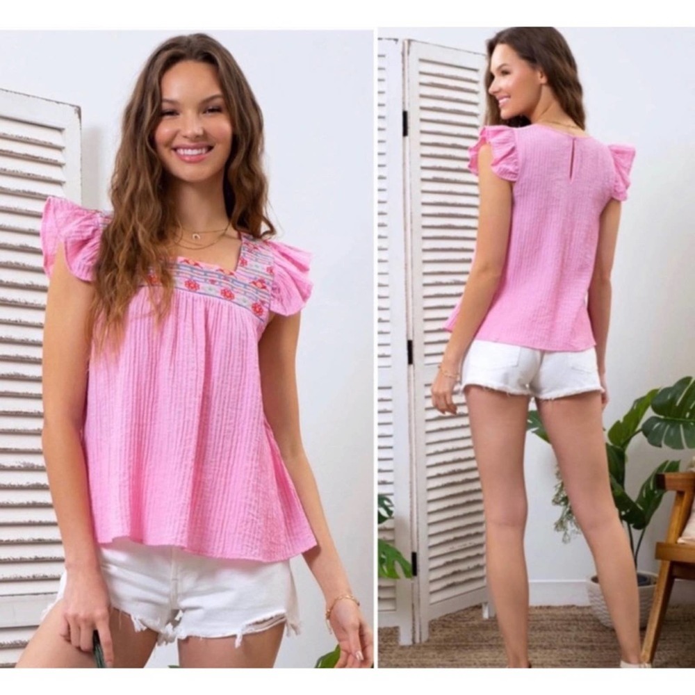 3 total- Embroidered Square Neckline Flutter Sleeve Pink Soft Top - Picture 4 of 6